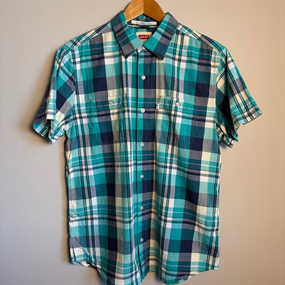 Levi's Men's Plaid Short Sleeve Button Down Shirt Modern Fit Green Size‎ Large